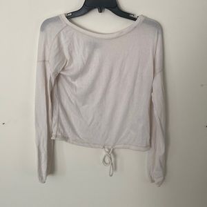 Loose fit cream, long sleeve, tie at waist shirt